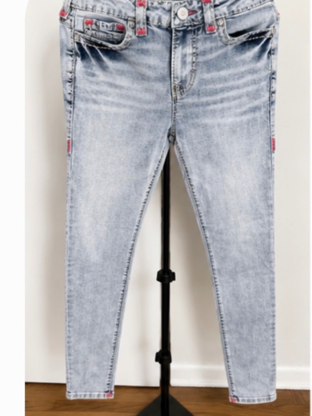 True Religion Jennie Curvy Mid Rise Super Skinny Jeans Big T Pink Stitch W30 28x